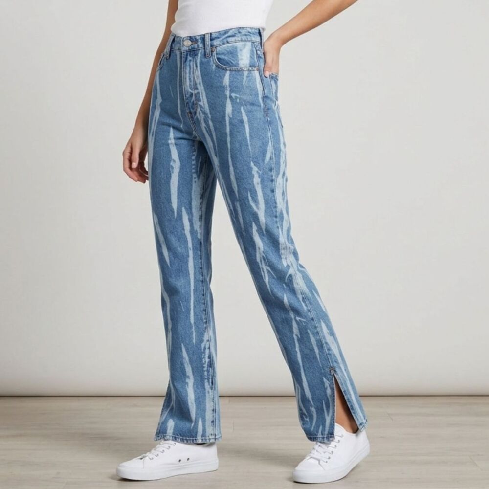 S.O.N.G. Women Acid Wash Flare Jeans Size 9/29 Split Hem Bootcut High Rise Blue